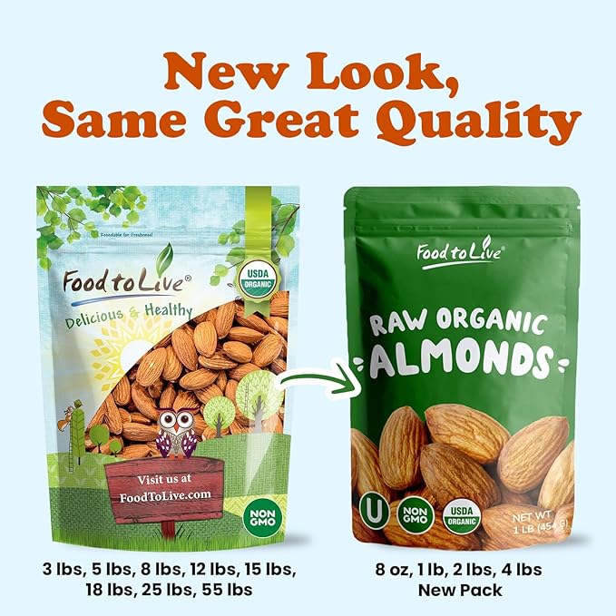 Food to Live Organic Imported Raw Almonds, 5 Pounds Non-GMO, Whole, Raw, No Shell, Unpasteurized, Unsalted, Vegan, Kosher, Bulk.
