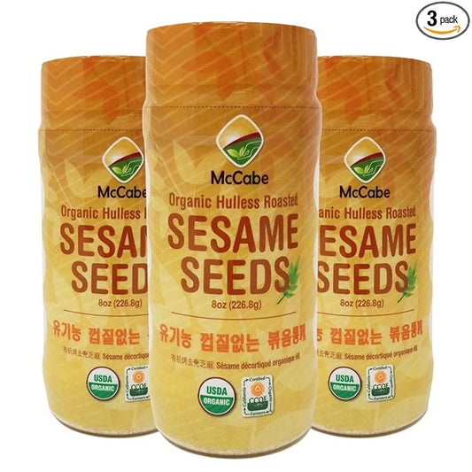 McCabe Organic Hulless Roasted Sesame - Unhulled Sesame Seeds Organic | Rich with Fiber & Minerals | USDA and CCOF Certified | Packed in USA | 8oz (Pack of 3)