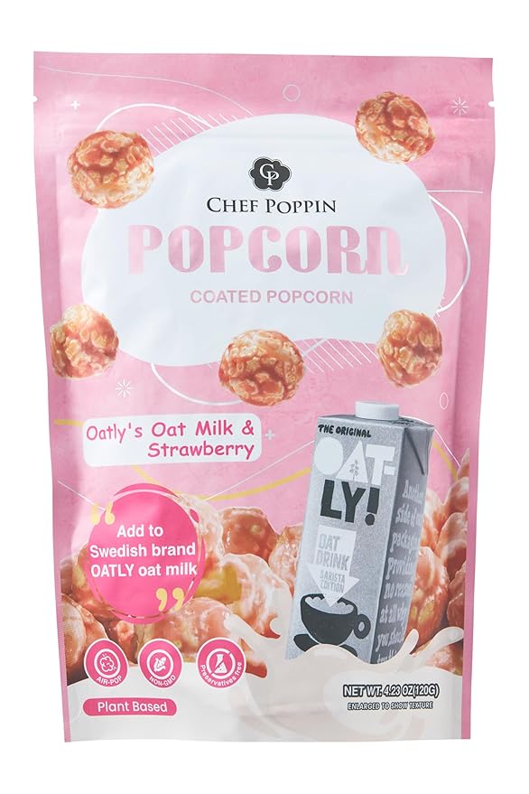 CHEF POPPIN Asian-Style Gourmet Flavored Popcorn, Non-GMO Corn, All Natural, Oatly's Oatmilk & Strawberry 120g, 4.23 oz