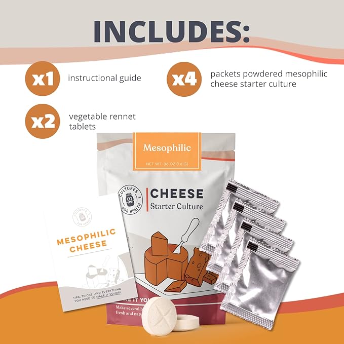 Cultures for Health Mesophilic Cheese Starter | 4 Packets Direct-Set Culture + 2 Rennet Tablets for Cheese Making | DIY Semi-Soft Fresh, Like Cheddar, Quark, Colby, Feta, Cottage, & More