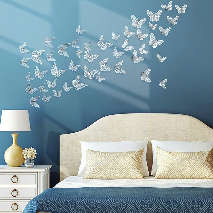 72 Pcs Silver Butterfly Decorations - 3 Sizes, 3 Styles, 3D Wall Decor for Parties, Birthdays & Crafts