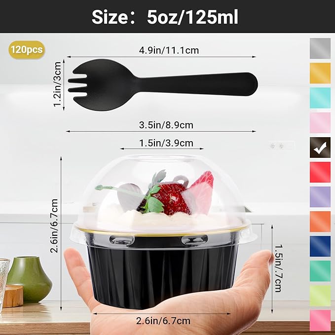 EUSOAR Disposable Ramekins and Individually Wrapped Spoons, 120pcs 5oz Cupcake Liners and Plastic Sporks, Aluminum Foil Baking Cups Mini Cake Pans Ramekins with Lids for Party Wedding Birthday Picnic