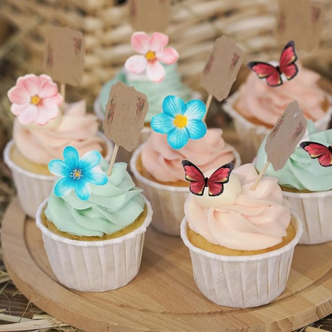 55 Pcs Edible Flowers Cake Decorations - Edible Wafer Paper Flowers & Butterflies Cupcake Toppers for Wedding Birthday Party Cake Decorating (Mixed Size & Colour)