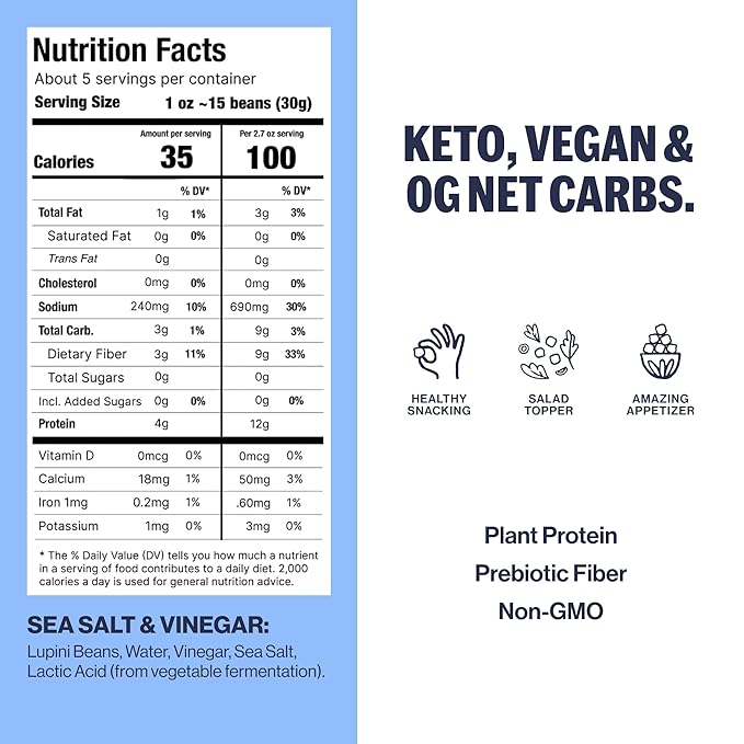 Brami Lupini Beans Snack, Sea Salt & Vinegar | 7g Plant Protein, 0g Net Carbs | Vegan, Vegetarian, Keto, Plant Based, Mediterranean Diet | 1.1 Ounce (Pack of 8)