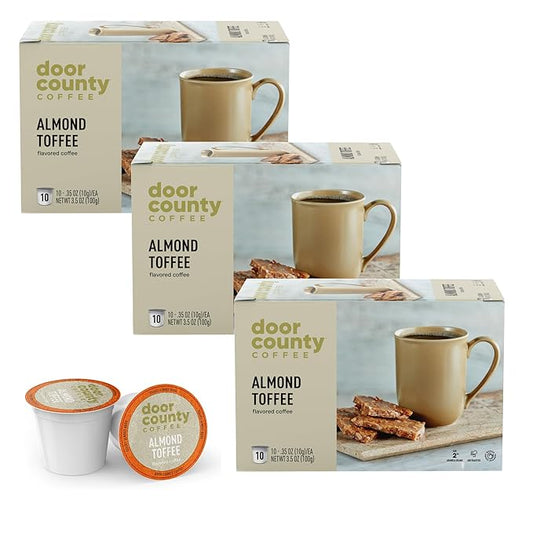 Door County Coffee Almond Toffee Flavored Ground | 30 Count Single Serve Cups | Medium Roast | 100% Specialty Arabica | Gourmet | Roasted Almonds & Toffee