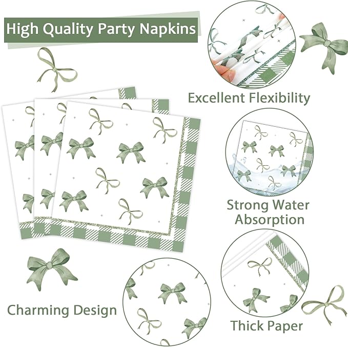 96Pcs Green Plaid Bow Plates and Napkins Coquette Party Decorations Bow Theme Dessert Paper Plates Napkins Forks Birthday Tableware Set for 24 Guests Girls Boys Baby Shower Picnic BBQ Party Suppliess