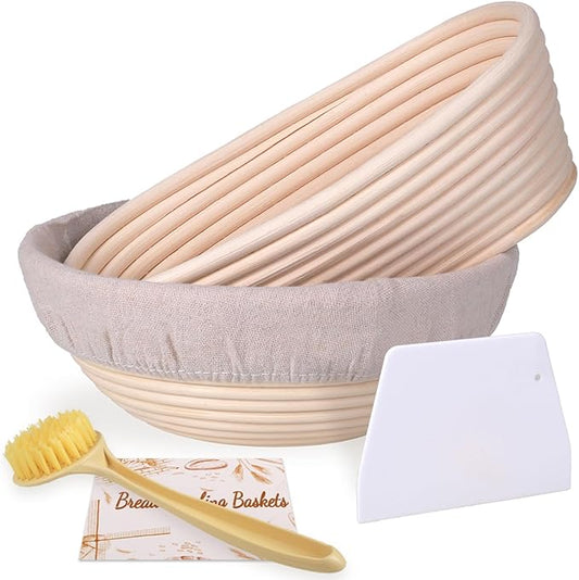 Banneton Bread Proofing Basket Set, 9 Inch Round & 10 Inch Oval, Natural Rattan Material, Ideal for Sourdough Bread Baking, Includes Linen Liner and Dough Scraper, Great Gift Idea
