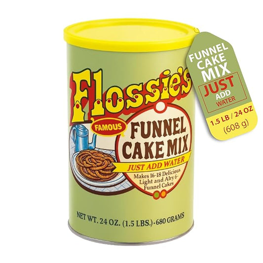 Flossie???Famous Funnel Cake Mix, 24 oz ??Resealable & Reusable Packaging, Make Authentic Carnival Funnel Cakes at Home, Just Add Water, Delicious Cake Mix