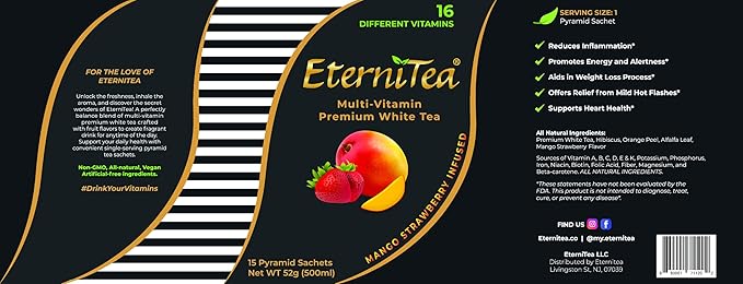 EterniTea "Multi-Vitamin Premium White Tea" 100% All Natural Herbs: (Mango Strawberry Flavor) -16 Different Vitamins (15-count Pyramid Sachets)