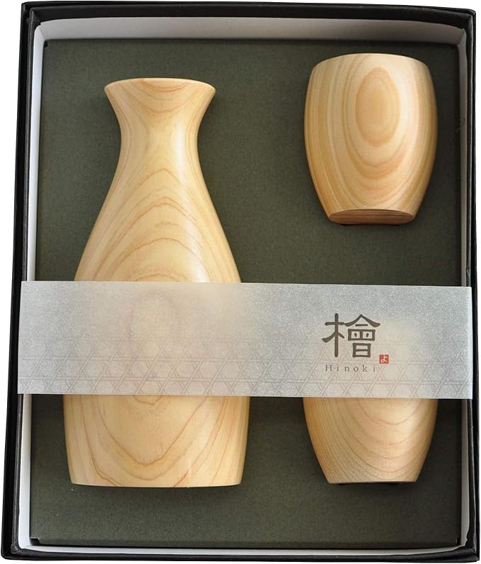 Japanese Traditional Hinoki Wooden Sake Set, 1 Tokkuri Flute and 2 Cups, Handmade in Japan