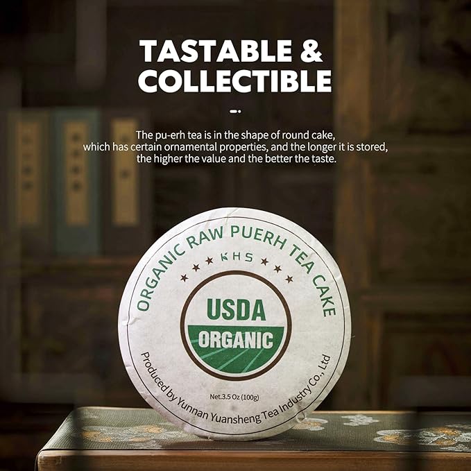KHS Organic Raw Pu Erh Cake, 3.53 Oz USDA Certified Organic Puerh Cake, No Dust Production Workshop, Aged Chinese Yunnan Ancient Tree Pu'erh, No Fishy