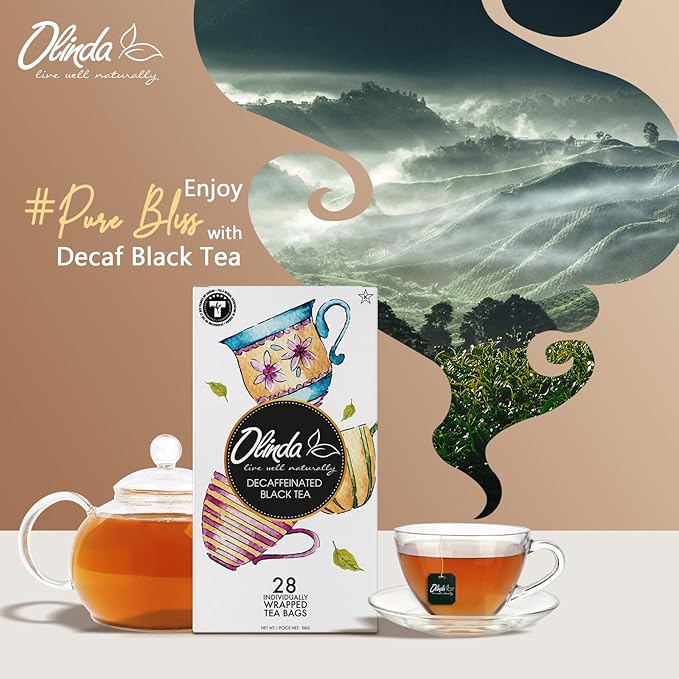 Olinda Decaffeinated Black Tea Premium Organic Sugar Free Decaf Flavored 28 Individually Wrapped Tea Bags Enjoy Hot or Iced Smooth Relaxing & Antioxidant Rich Evening Tea