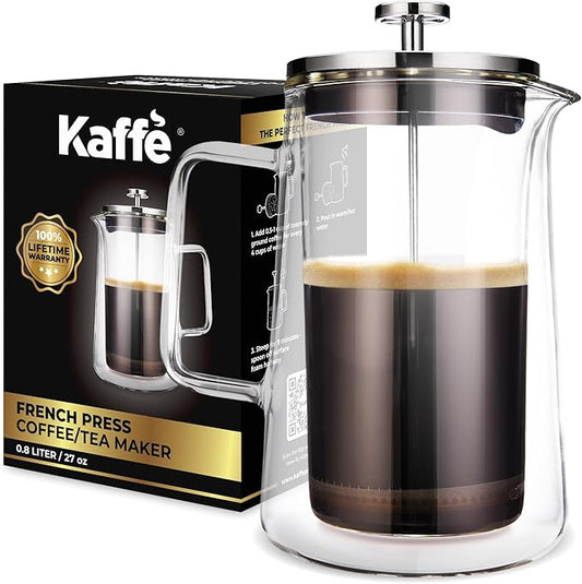 Kaffe Glass French Press Coffee Maker (27oz / 0.8L) - Double-Wall Insulated Borosilicate Glass Coffee Press - Travel & Camping - Homemade French Press Coffee