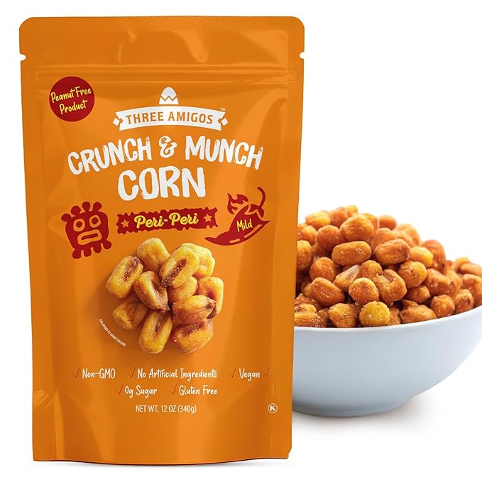 Three Amigos Corn Nuts Suger Free, 100% Vagan, Peanut Free Non-GMO (All Natural Ingredients) Guilt-Free snacking Toasted Corn Kernels in Reseable Bag - Crunchy & Munch Snack (12 OZ) (12 oz, Peri Peri)