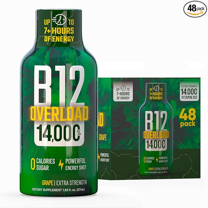 B12 Overload Extra Strength Energy Shot ??Grape ??260mg Caffeine, 14000% B12, Electrolytes ??Energy & Vitality Support ??Zero Sugar No Calories ??Vegan, Kosher, Gluten-Free ??1.93 fl oz, 48-Pack