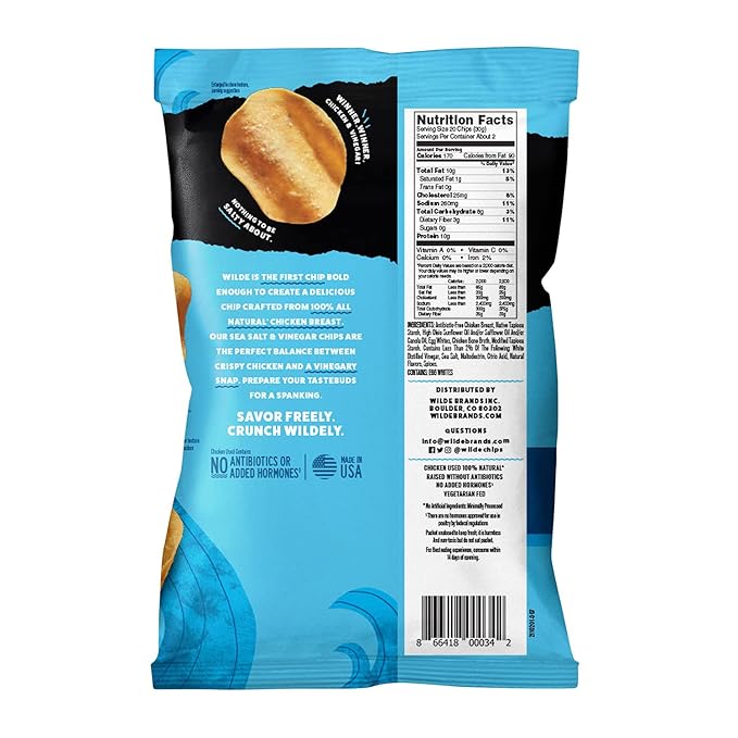 Sea Salt and Vinegar Protein Chips by Wilde Chips, Thin and Crispy, High Protein, Keto Friendly, Made with Real Ingredients, 2.25oz Bag (8 Pack)??,<div>