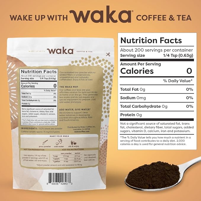 Waka Instant Black Tea Mix, Classic - 100% Tea Leaves, No Additives, Unsweetened Tea Powder for 50 Quarts or 200 Cups ??Easy and Quick Hot or Iced Teas (4.5oz)