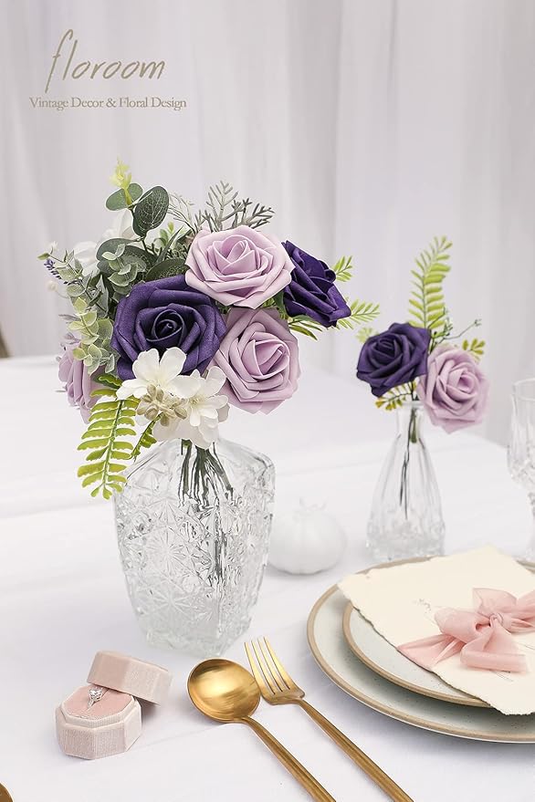 Floroom Artificial Flowers 25pcs Real Looking Lilac & Purple Foam Fake Roses with Stems for DIY Wedding Bouquets Bridal Shower Centerpieces Floral Arrangements Party Tables Home Decorations