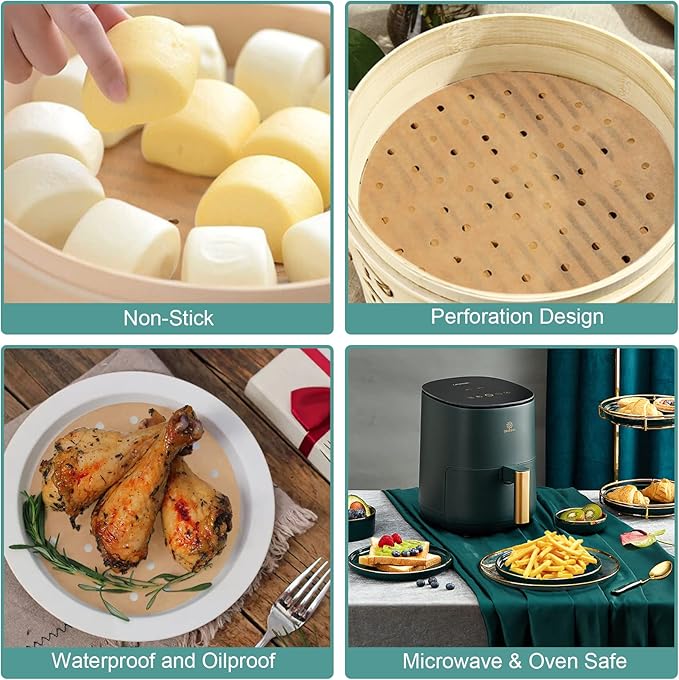 Numola Air Fryer Parchment Paper Liners, 100 Pcs Disposable Papers Liner for 3.4-7QT Baking, 8 Inch Safe Air Fryer Paper, Non-stick Unbleache Steamer Liner for Microwave, Steaming Basket