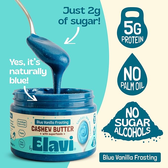 ELAVI Keto Cashew Butter, Kid-Friendly, Low-Sugar Dessert Spread | Vegan, No Added Sugar, No Sugar Alcohols, No Palm Oil (1 Count, Blue Vanilla)