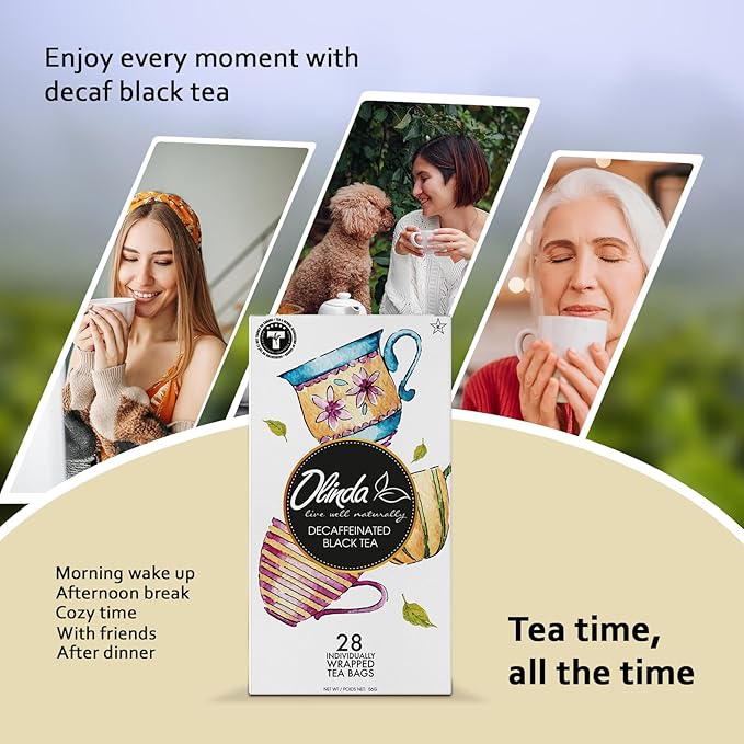 Olinda Decaffeinated Black Tea Premium Organic Sugar Free Decaf Flavored 28 Individually Wrapped Tea Bags Enjoy Hot or Iced Smooth Relaxing & Antioxidant Rich Evening Tea