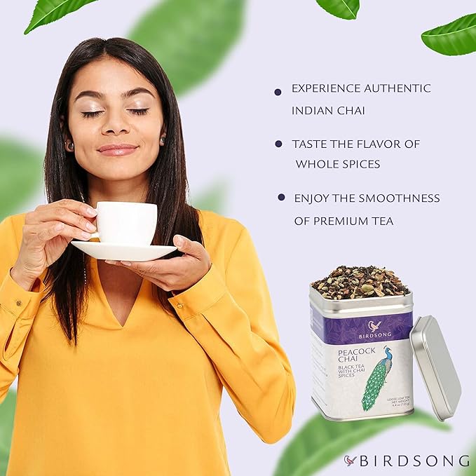 Birdsong Peacock Chai- Organic Black Tea with Assam Chai Spices, Caffeinated English Breakfast Tea with Cardamom, Ginger, and Cinnamon Notes, 100% Natural Sweet 18 Plant-Based Pyramid Tea Bags