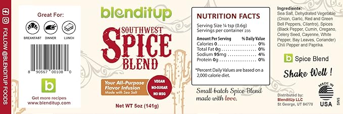 Southwest Spice Blend | Gourmet Spices with Sea Salt | Healthy to Add to Any Dish | Low Sodium, No Gluten, No MSG, No-Sugar | 5oz