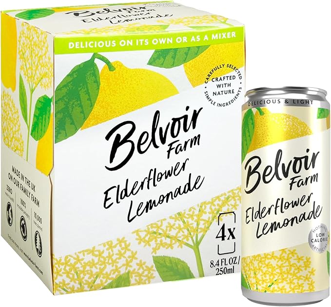 Belvoir Farms Sparkling Elderflower Flavored Lemonade | Delicious On It's Own Or As A Mixer | Product of The UK | 4 Cans, 8.4 fl oz (250mL)