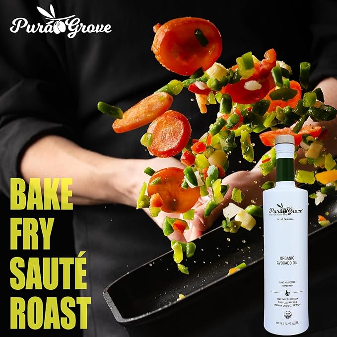 Pura Grove Organic Avocado Oil For Cooking - High Smoke Point Cold Pressed Premium Grade Avocado Oil - 16.9 Fl Oz Opaque Glass Bottle