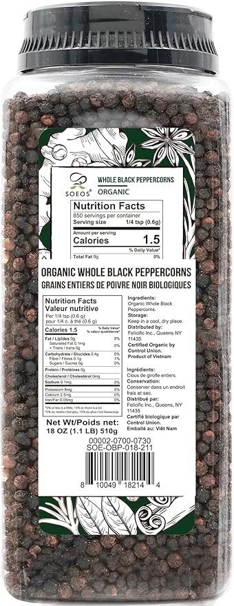 Soeos Organic Black Peppercorns, 18oz (Pack of 1), Non-GMO, Kosher, Packed to Keep Peppers Fresh, Peppercorn for Grinder Refill, Whole Peppercorns