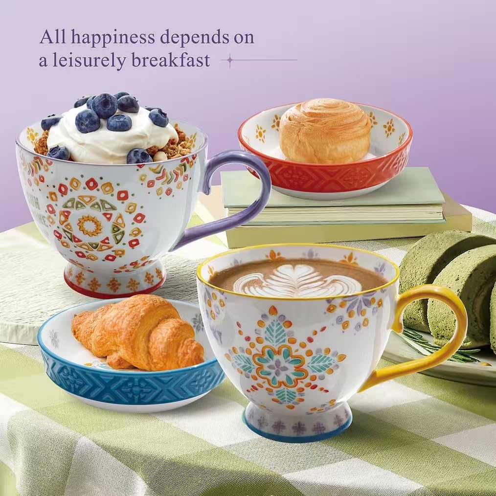 Panacula Large Ceramic Coffee Mugs Set of 2,15 oz Stoneware Coffee Cups with 2 Saucers,Underglaze