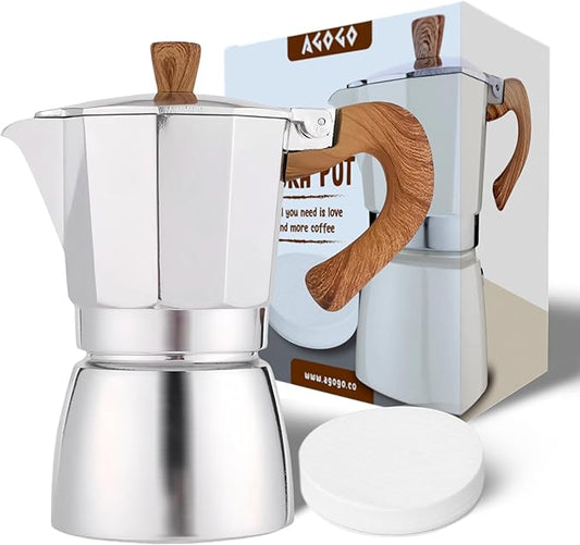 AGOGO Milano Moka Pot, Stovetop Espresso Maker, Greca, Coffee Percolator, Turkish Coffee Maker with Paper Filter 6 Cup Original Silver