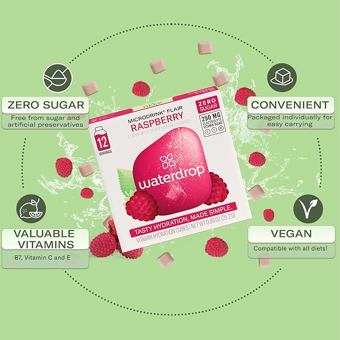 Waterdrop Hydration Cubes, Raspberry, Vitamin C, E & Potassium, On The Go Water Enhancer Drops for Still & Sparkling Water, Low Calorie, Zero Sugar, Gluten Free, Non GMO, Vegan, 48 CT