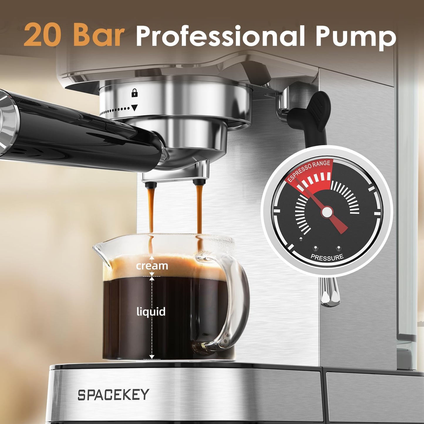 Spacekey Espresso Machine with Milk Frother, 20 Bar Compact Expresso Coffee Machines for Home