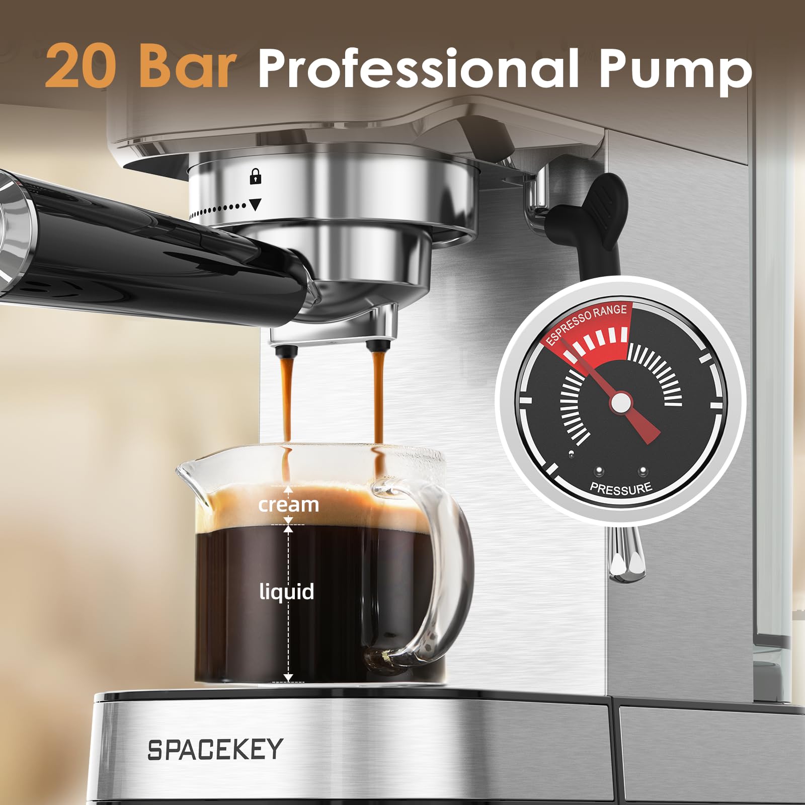 Spacekey Espresso Machine with Milk Frother, 20 Bar Compact Expresso Coffee Machines for Home