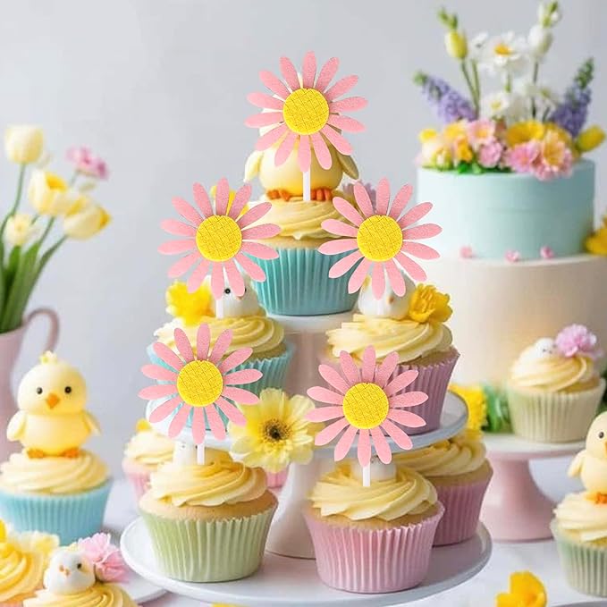 30 Pack Sunflower Cupcake Toppers Glitter Baby Shower Sunflower Cupcake Picks for Gender Reveal Theme Baby Shower 1st Birthday Party Cake Decorations Supplies Pink