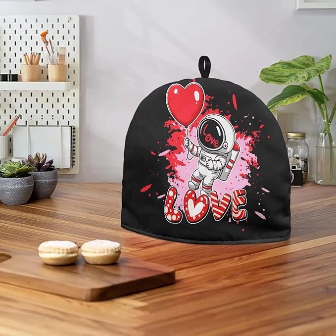 Valentine's Day Tea Cozy for Teapot Insulated Love Astronaut Large Teapot Cover to Keep Warm Tea Kettle Cover Machine Washable Coffee Pot Cloth Covers Kitchen Home Decorations