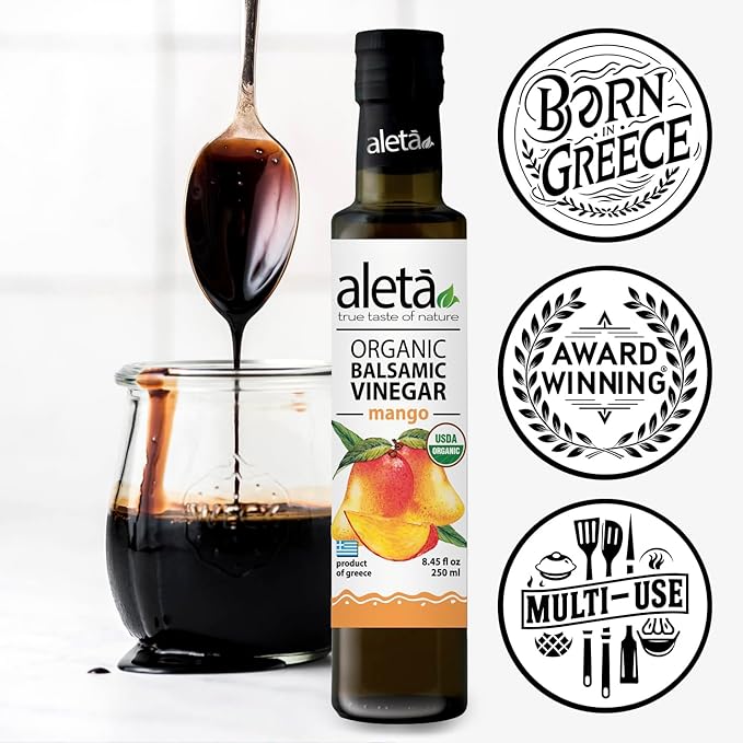 Aleta Farms Balsamic Vinegar, Mango Infused Organic Balsamic Vinegar, Aged, Flavored, USDA Organic, Glass Bottle, Product of Greece, 8.45 oz (Mango)