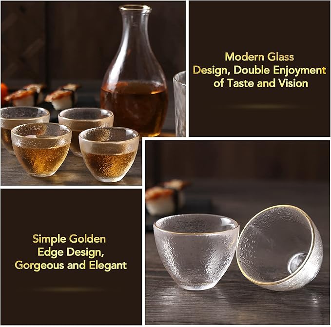 DUJUST Japanese Sake Set for 4, Glass Hammer Pattern in Golden Trim, 1 Crystal Clear Sake Bottle, 1 Sake Tank and 4 Sake Cups, Cold/Warm/Hot Sake Carafe, Special Japanese Gifts Set - 6 pcs