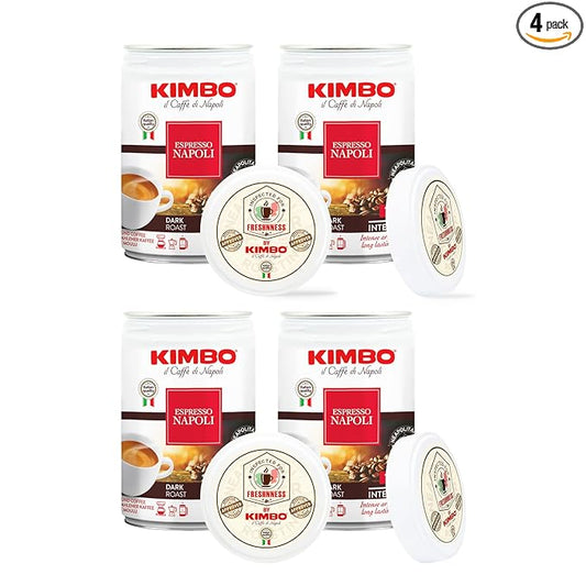 Kimbo Espresso Napoli Ground Coffee | Dark Roast | 10/13 Intensity | Intense Aroma & Long Lasting Flavor | 8.8 oz Cans - Pack of 4