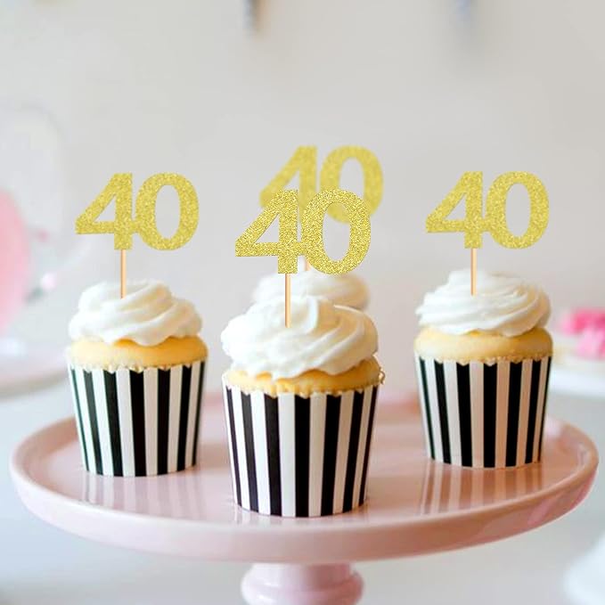 24PCS Gold Glitter 40th Birthday Cupcake Toppers Number 40 Birthday Celebrating Cake Decorations Supplies for Anniversary Party