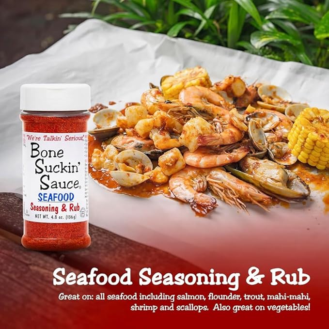 Bone Suckin' Seafood Seasoning & Rub, 4.8 Oz - For Frying, Grilling & Baking, Gluten-Free, Non-GMO, Kosher, Great on Shrimp, Salmon, Tuna, Tilapia, Pollock, Cod, Catfish, Clams, Crabs & More! Sugar Free & No Msg