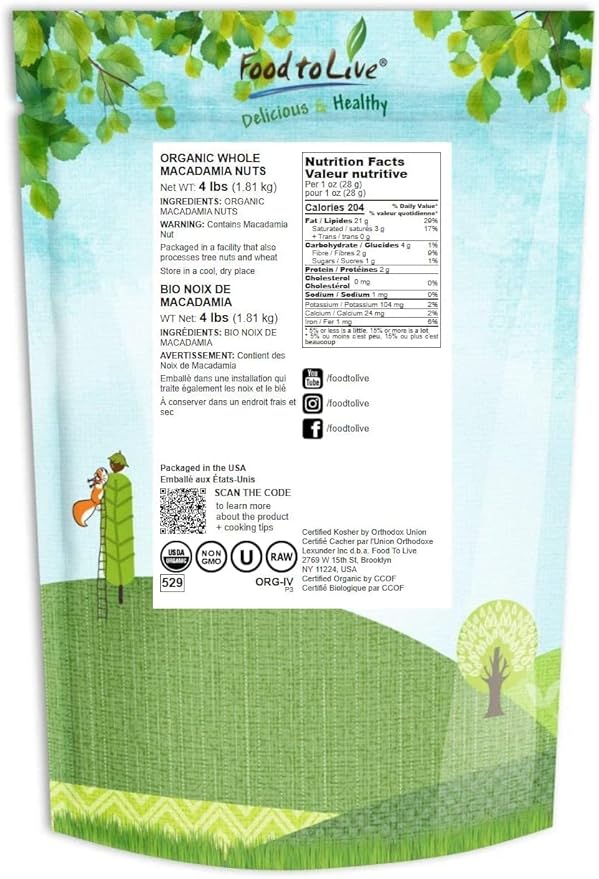 Food to Live Organic Whole Macadamia Nuts, 4 Pounds – Non-GMO, Raw, Shelled, Unsalted, Kosher, Vegan, Bulk. Keto Snack. Buttery Flavor. Good Source of Fiber, Healthy Fats. Perfect for Desserts.