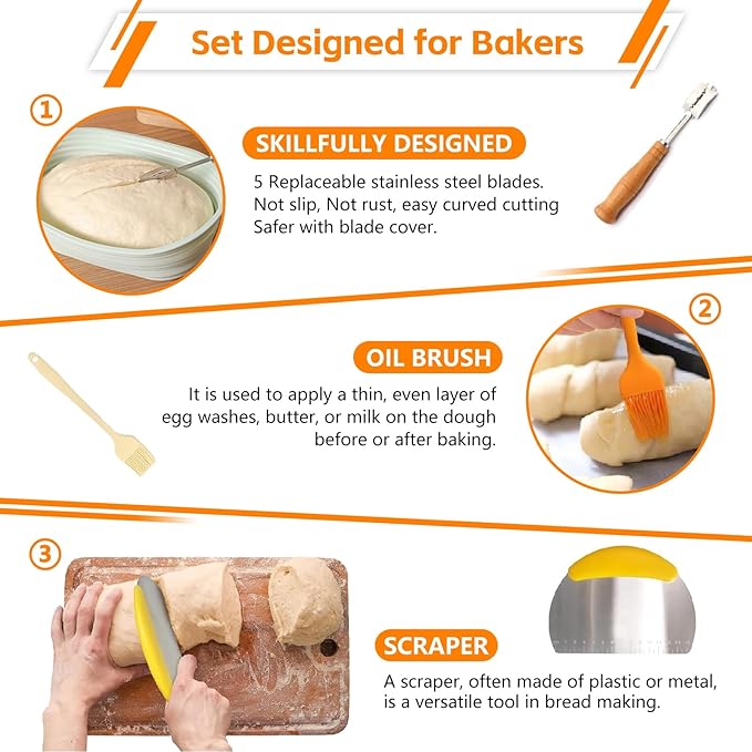 Silicone Banneton Bread Proofing Baskets, Sourdough Bread Baking Supplies, 10 Inch Oval Foldable Baking Basket, Complete Set for Bread Making With Essential Tools and Gifts
