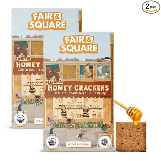 Fair & Square Gluten Free Graham Crackers Powered by Gut Friendly, Prebiotic Banana Flour | Organic, Vegan, Dairy Free, Allergen Friendly, Nut Free, High Calcium, Kosher | 4 oz (Pack of 2) - Honey Graham Crackers
