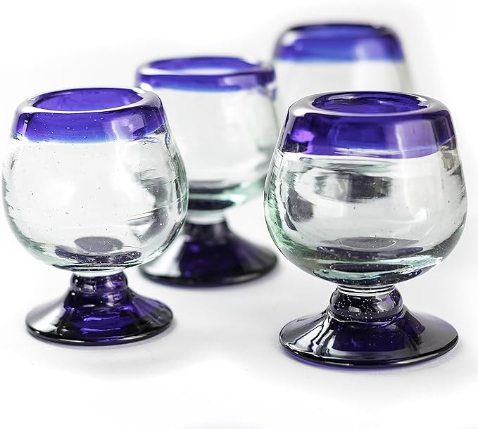 Authentic Mexican Tequila Hand Blown Shot Glasses - Set of 4-2 oz - Mini Glass Snifters - Heavy Base - Cognac (Cobalt Blue Rim)