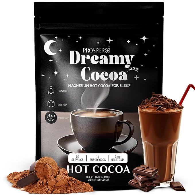 Prosper Magnesium Hot Cocoa - Melatonin & Sugar Free Cocoa - Sleep Aid with Adaptogens - 14 Superfoods, Non Dairy, Keto & vegan Hot Cocoa - Caffeine Free Hot Chocolate- 30 Servings