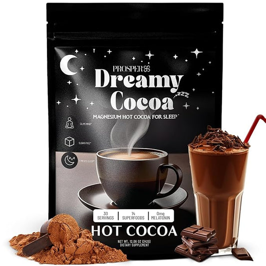 Prosper Magnesium Hot Cocoa - Melatonin & Sugar Free Cocoa - Sleep Aid with Adaptogens - 14 Superfoods, Non Dairy, Keto & vegan Hot Cocoa - Caffeine Free Hot Chocolate- 30 Servings