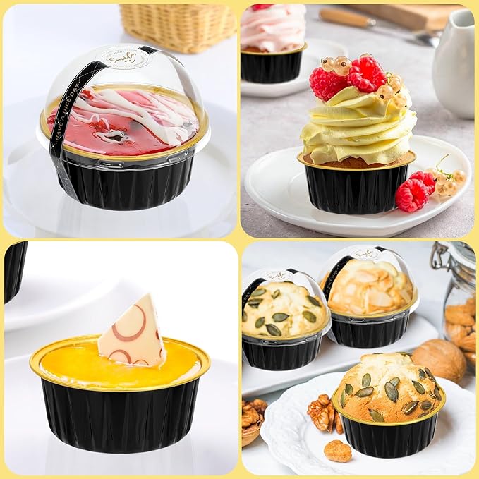 Mini Cake Pans with Lids and Spoons (100 Pack,Black,5oz) Round Disposable Ramekins - Sturdy Aluminum Foil Cupcake Liners with Lids for Dessert and Party