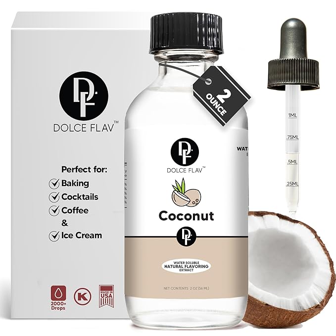Dolce Flav Natural Coconut Extract ??2 Ounce Water-Soluble Kosher, Sugar-Free, Concentrated Tropical Coconut Flavoring for Baking, Beverages & Desserts, Includes Measured Dropper